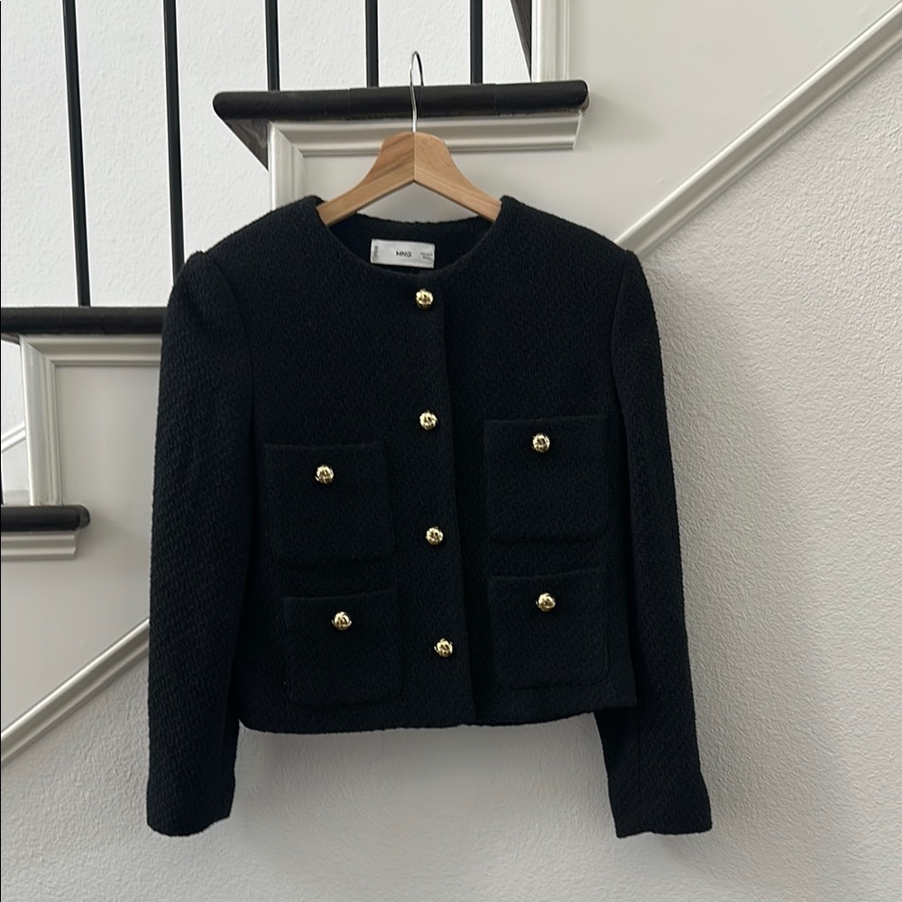 Mango Black Textured Blazer with Gold Buttons